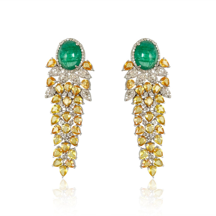 Emerald & Yellow Sapphire with Diamond Long Earrings