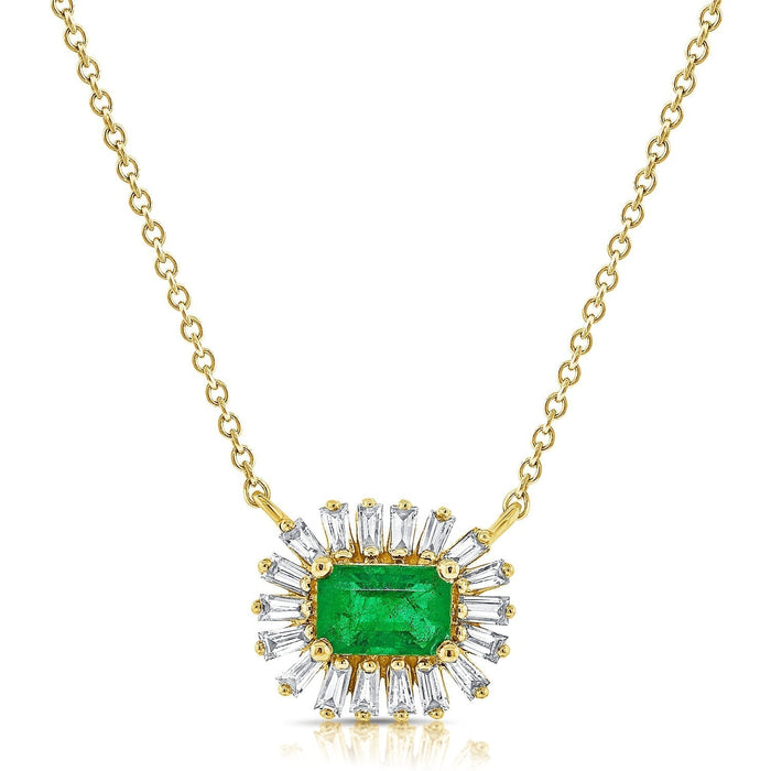 Emerald with Diamond Baguettes Necklace in 14K Yellow Gold