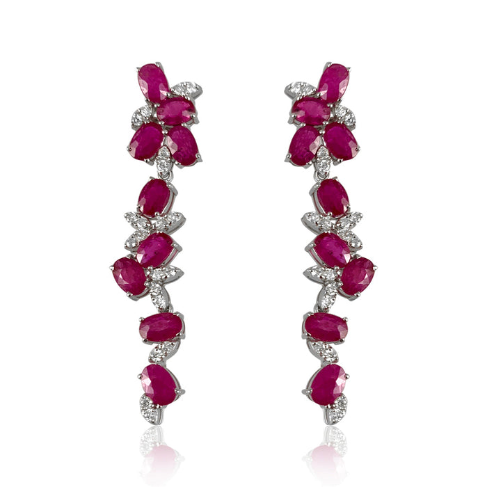 Flower Top Ruby Earrings  Diamond: 0.81 ct Ruby: 8.79 ct Silver with Rhodium Plated weight: 7.70 grams