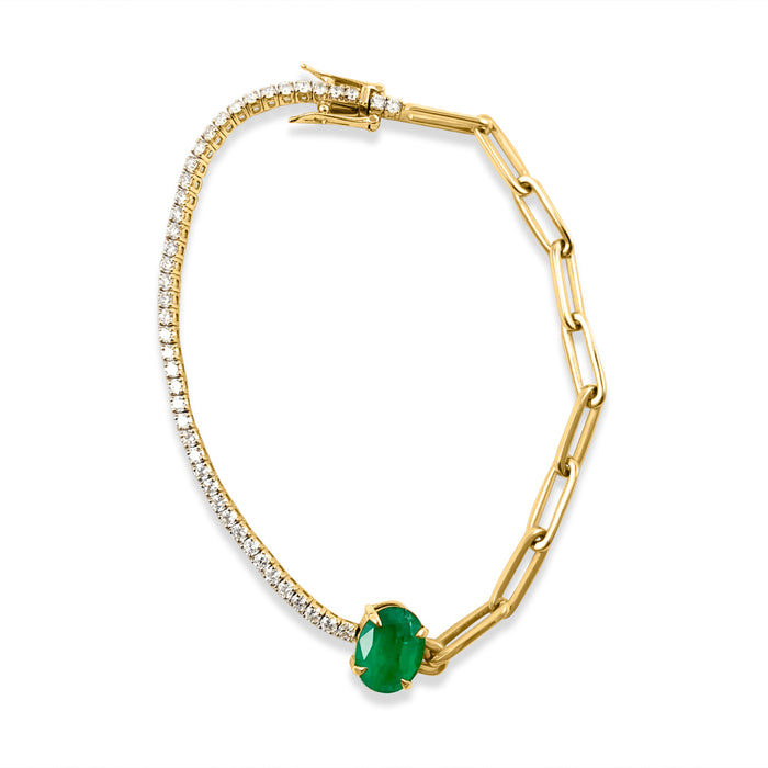 Half Paperclip & Half Diamond Bracelet with Oval Emerald - Adriana Fine Jewelry