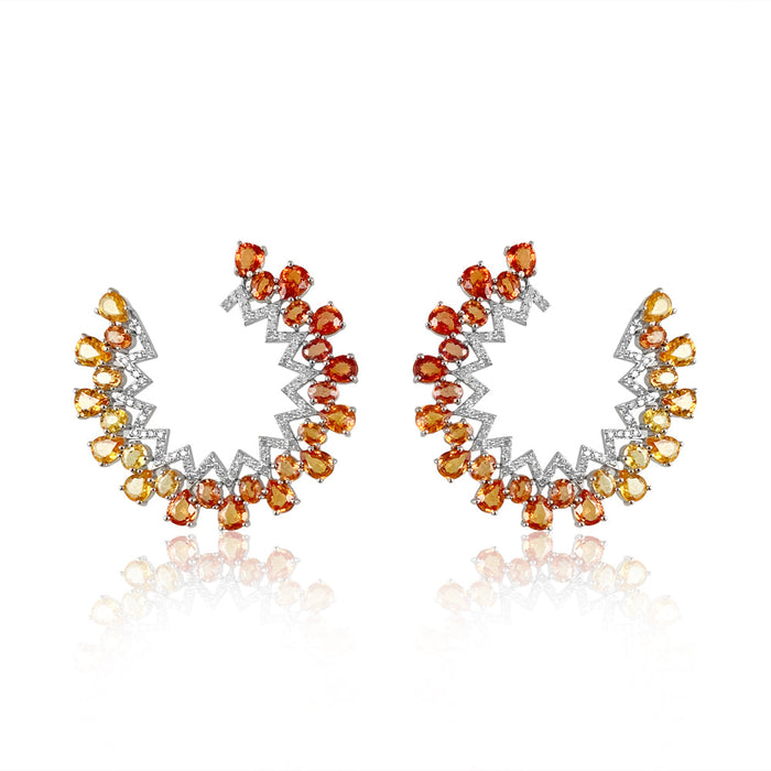 Orange Sapphire Ombre Hoops  Diamond total weight: 0.87 ct Orange Sapphire: 15.33 ct Silver with Rhodium Plated weight: 9.29 grams