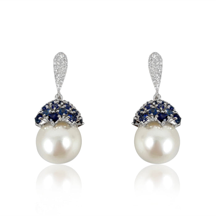 Pearl, Blue Sapphire Cap & Diamonds Earrings  Diamond: 0.35 ct Blue Sapphire:4.5 ct Pearl: 34.13 ct Silver with Rhodium Plated weight: 5.7 grams