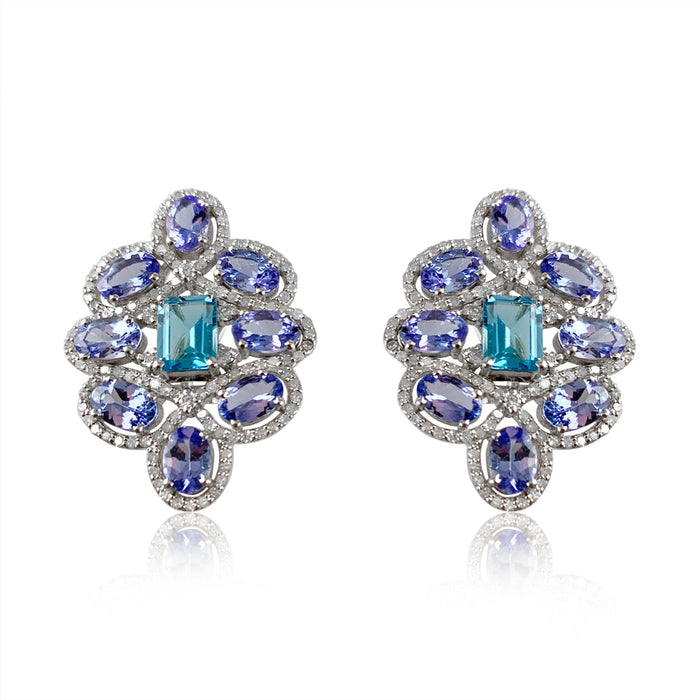 Swiss Blue Topaz & Tanzanite Post Earrings  Diamond: 1.39 ct Swiss Blue Topaz: 2.47 ct Tanzanite: 7.25 ct Silver with Rhodium Plated weight: 7.80 grams