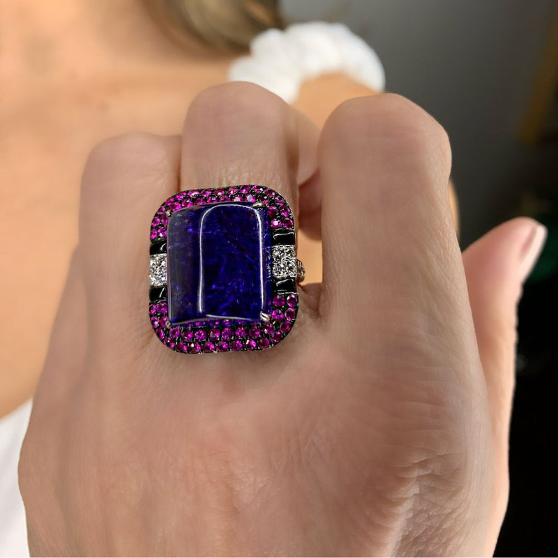 Tanzanite Sugarloaf with Rubellite & Diamond Rings in 18K Gold