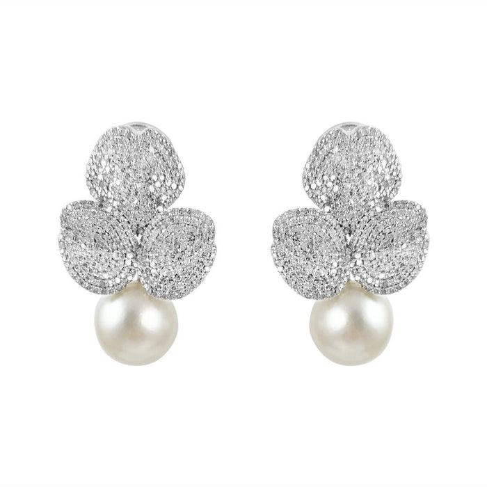 Full Pave Flower & Pearl Earrings